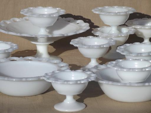 photo of vintage lace edge milk glass dessert or salad set, serving pieces & footed bowls #1