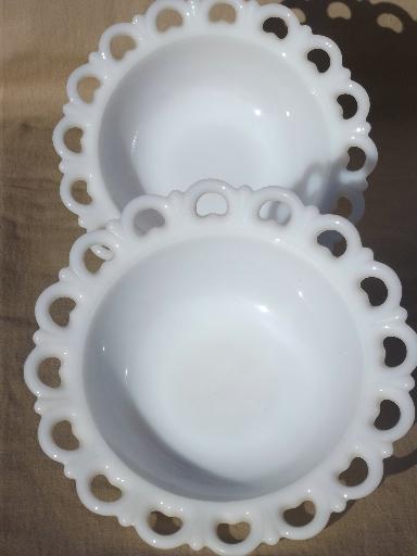 photo of vintage lace edge milk glass dessert or salad set, serving pieces & footed bowls #5