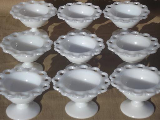 photo of vintage lace edge milk glass dessert or salad set, serving pieces & footed bowls #6