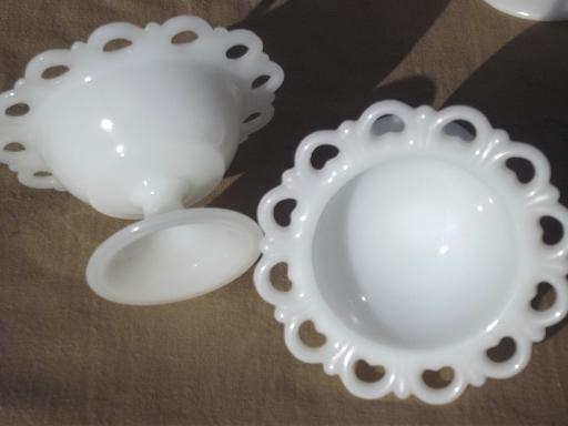 photo of vintage lace edge milk glass dessert or salad set, serving pieces & footed bowls #8