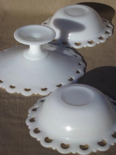 photo of vintage lace edge milk glass dessert or salad set, serving pieces & footed bowls #9