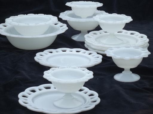 photo of vintage lace edge milk glass dishes set, plates, bowls, sherbet dishes  #1