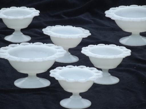 photo of vintage lace edge milk glass dishes set, plates, bowls, sherbet dishes  #9