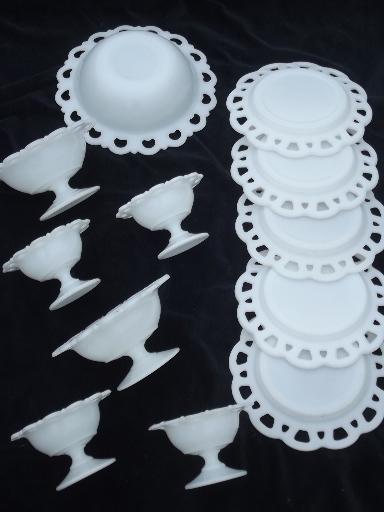 photo of vintage lace edge milk glass dishes set, plates, bowls, sherbet dishes  #11