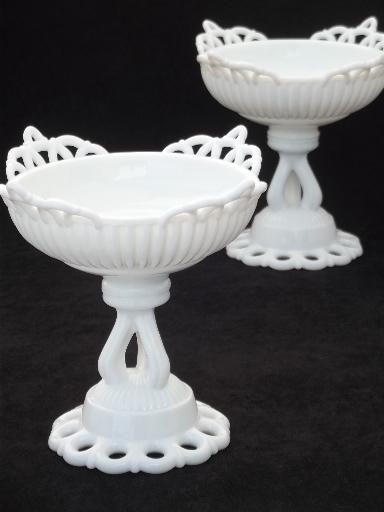 photo of vintage lace edge milk glass flower bowls, Westmoreland Doric compotes #1