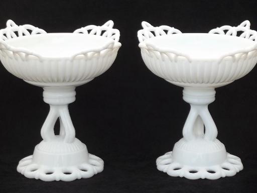 photo of vintage lace edge milk glass flower bowls, Westmoreland Doric compotes #2