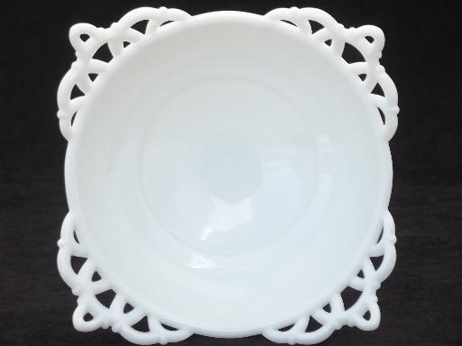 photo of vintage lace edge milk glass flower bowls, Westmoreland Doric compotes #4