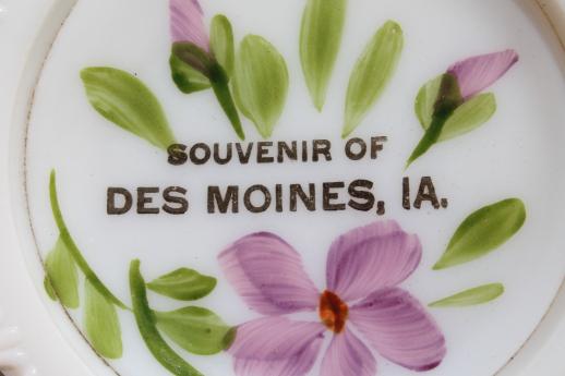 photo of vintage lace edge milk glass plate, hand-painted souvenir of Des Moines #4