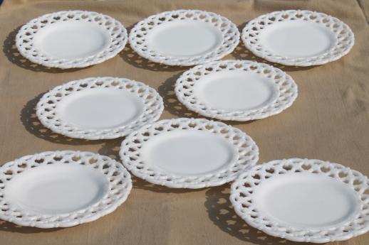 photo of vintage lace edge milk glass plates, Westmoreland glass forget me not openwork border #1