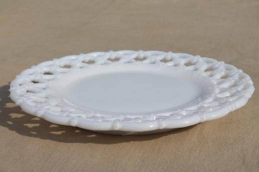 photo of vintage lace edge milk glass plates, Westmoreland glass forget me not openwork border #4