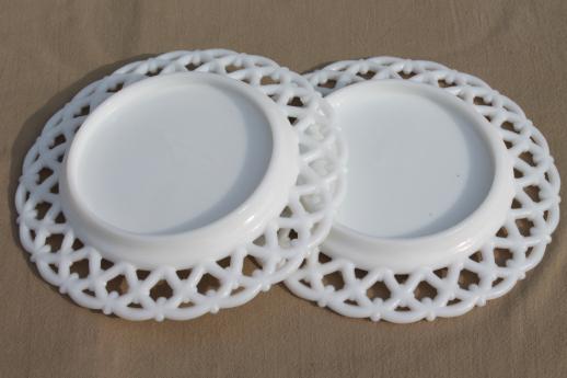 photo of vintage lace edge milk glass plates, Westmoreland glass forget me not openwork border #5