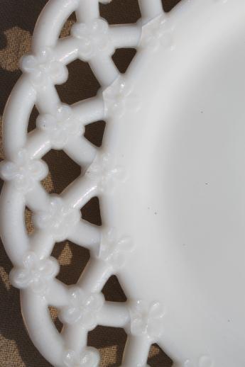 photo of vintage lace edge milk glass plates, Westmoreland glass forget me not openwork border #6