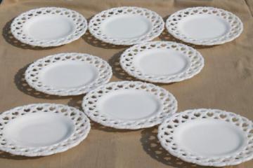 catalog photo of vintage lace edge milk glass plates, Westmoreland glass forget me not openwork border