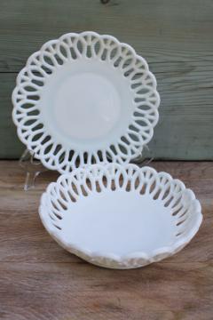 catalog photo of vintage lace edge milk glass set, candy dish or flower centerpiece bowl w/ plate