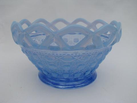 photo of vintage lace edge pattern glass candy dish bowl, blue opalescent #1