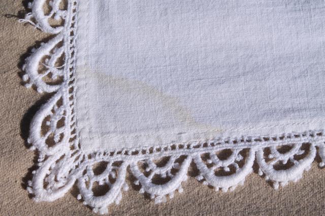 photo of vintage lace edged cotton tablecloth for luncheon / card table, appliqued pansies flowers #6