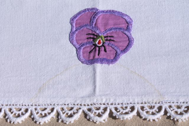 photo of vintage lace edged cotton tablecloth for luncheon / card table, appliqued pansies flowers #8