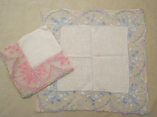 photo of vintage lace hankies, cotton hankerchiefs with pink and blue edgings #1