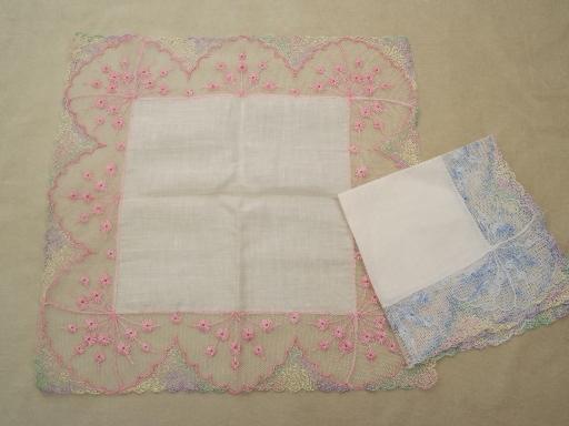 photo of vintage lace hankies, cotton hankerchiefs with pink and blue edgings #2