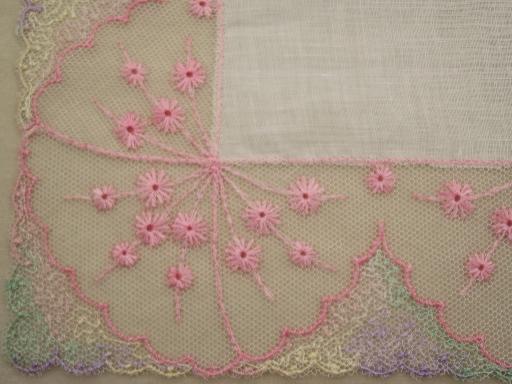 photo of vintage lace hankies, cotton hankerchiefs with pink and blue edgings #3