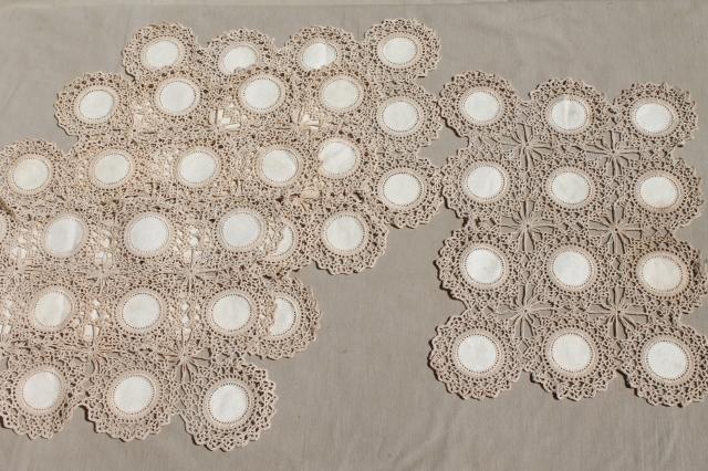 photo of vintage lace table placemats, natural flax linen w/ lacy crochet doily motifs #1