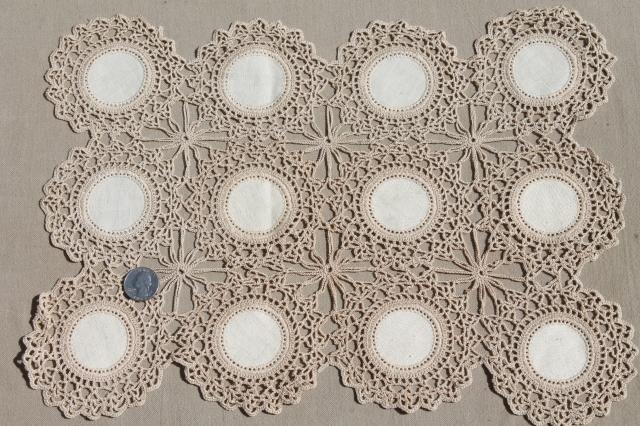 photo of vintage lace table placemats, natural flax linen w/ lacy crochet doily motifs #2