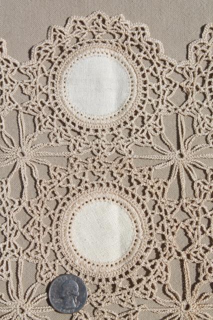 photo of vintage lace table placemats, natural flax linen w/ lacy crochet doily motifs #3