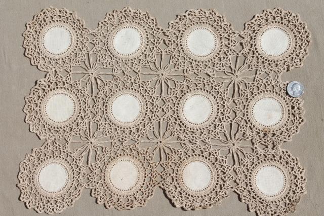 photo of vintage lace table placemats, natural flax linen w/ lacy crochet doily motifs #4