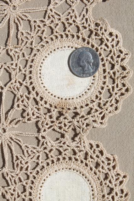 photo of vintage lace table placemats, natural flax linen w/ lacy crochet doily motifs #5