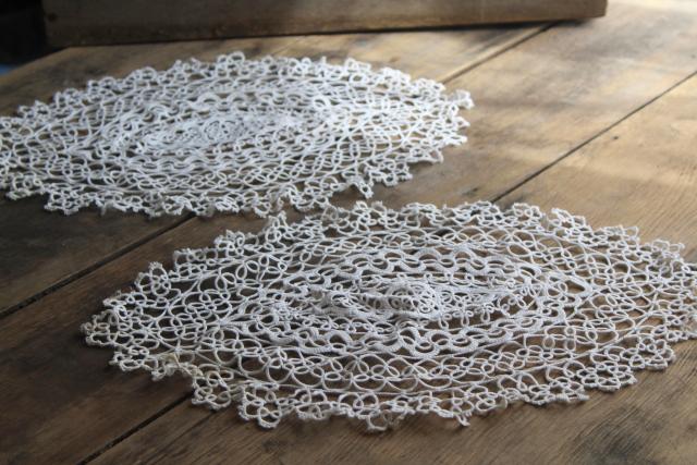 photo of vintage lace tatting, pair of handmade tatted cotton thread doilies or tray cloths #1