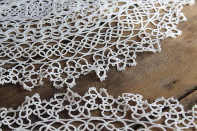 photo of vintage lace tatting, pair of handmade tatted cotton thread doilies or tray cloths #2