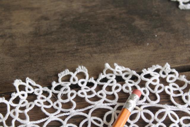 photo of vintage lace tatting, pair of handmade tatted cotton thread doilies or tray cloths #4