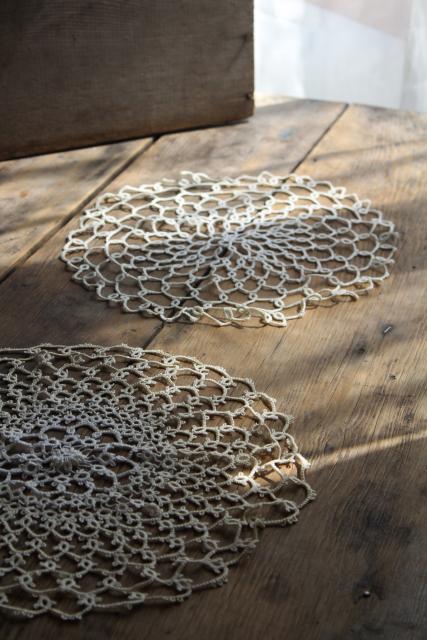 photo of vintage lace tatting, pair of handmade tatted cotton thread doilies round mats #1