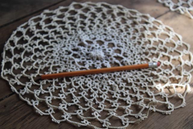 photo of vintage lace tatting, pair of handmade tatted cotton thread doilies round mats #2