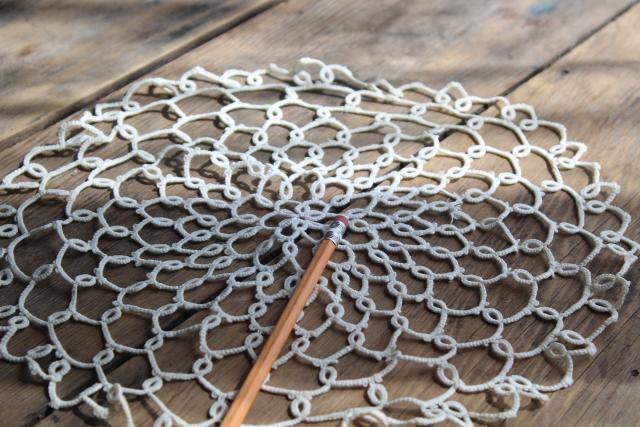 photo of vintage lace tatting, pair of handmade tatted cotton thread doilies round mats #3