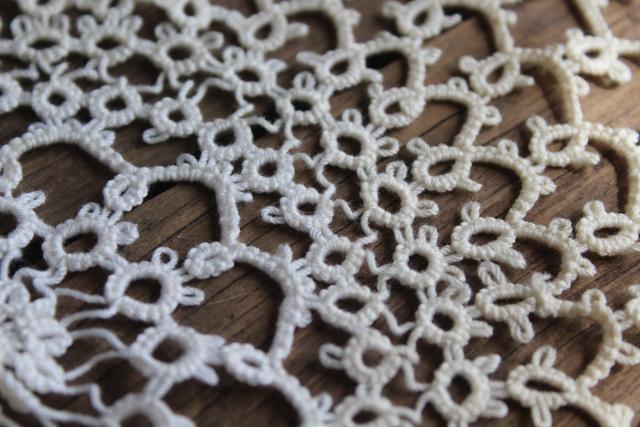 photo of vintage lace tatting, pair of handmade tatted cotton thread doilies round mats #4