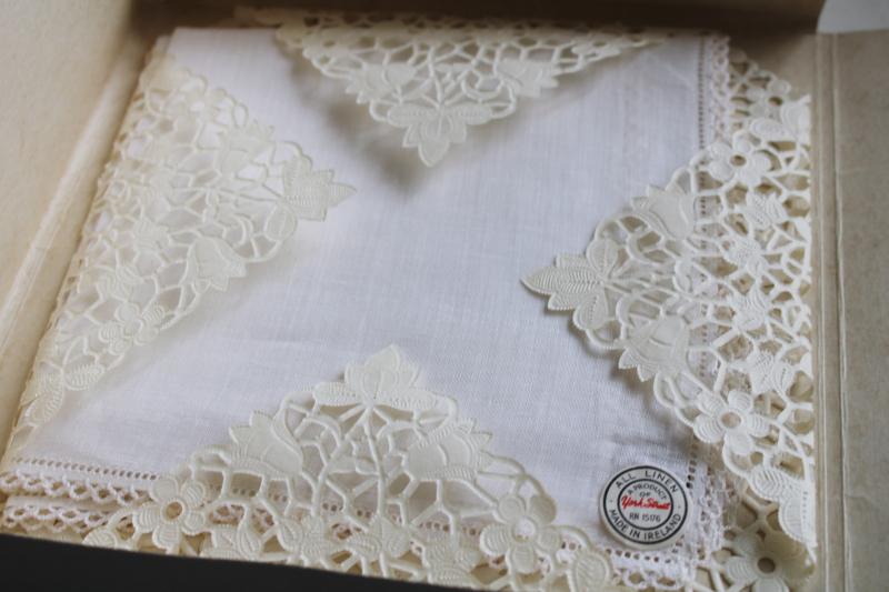 photo of vintage lace trimmed Irish linen handkerchiefs w/ original labels, never used #3