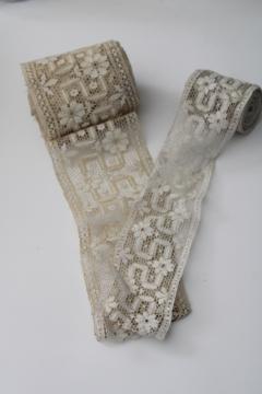 catalog photo of vintage lace, wide ribbon of cotton lace insertion in deep ecru, heirloom sewing trim