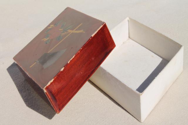 photo of vintage lacquerware boxes set, hand painted gold swallows, flying birds on cinnabar red  #2