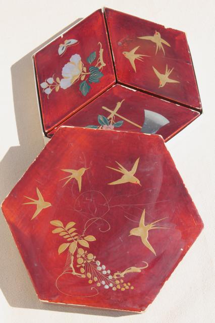 photo of vintage lacquerware boxes set, hand painted gold swallows, flying birds on cinnabar red  #4