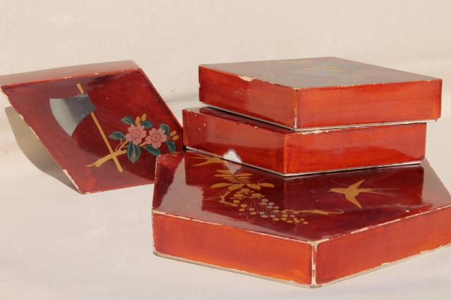 photo of vintage lacquerware boxes set, hand painted gold swallows, flying birds on cinnabar red  #5