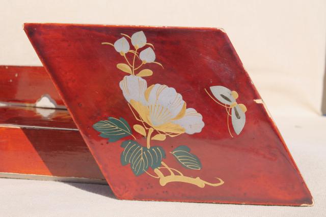 photo of vintage lacquerware boxes set, hand painted gold swallows, flying birds on cinnabar red  #6