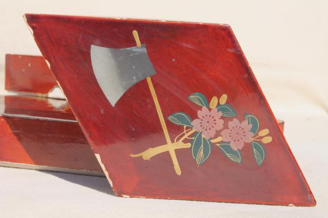 photo of vintage lacquerware boxes set, hand painted gold swallows, flying birds on cinnabar red  #7