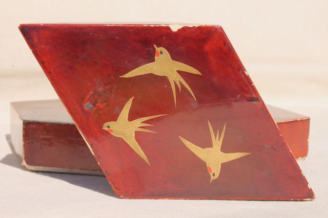 photo of vintage lacquerware boxes set, hand painted gold swallows, flying birds on cinnabar red  #8