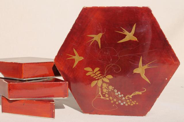 photo of vintage lacquerware boxes set, hand painted gold swallows, flying birds on cinnabar red  #9