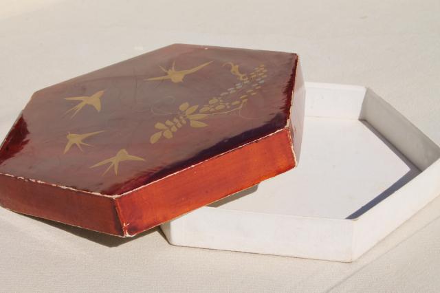 photo of vintage lacquerware boxes set, hand painted gold swallows, flying birds on cinnabar red  #10