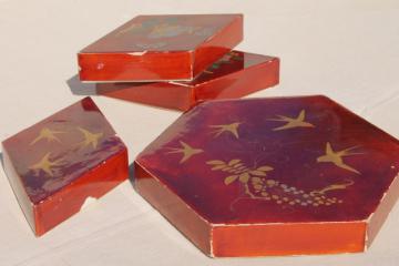 catalog photo of vintage lacquerware boxes set, hand painted gold swallows, flying birds on cinnabar red 