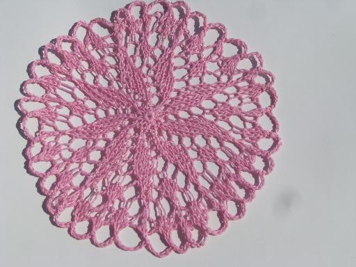 photo of vintage lacy doily drink coasters set, lace doilies in retro rose pink #2