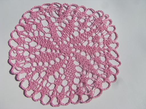 photo of vintage lacy doily drink coasters set, lace doilies in retro rose pink #3