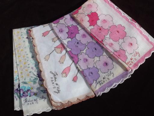 photo of vintage ladies hankies lot, French flower print cotton handkerchiefs #1